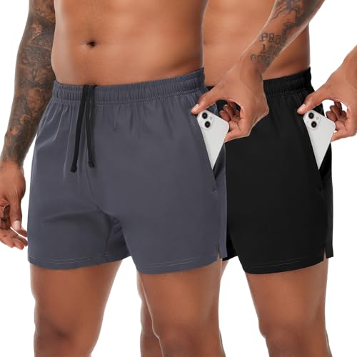 VPOS 2 Pack Men's Athletic Shorts 5 Inch Inseam, Mens Workout Shorts Lightweight Quick Dry Gym Running Shorts for Men Dark Grey/Black, M