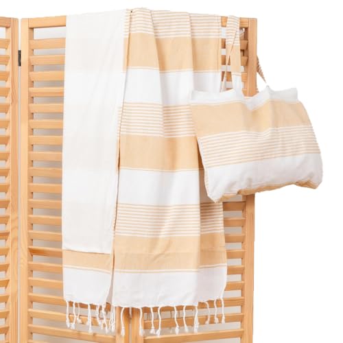 TRAMAS+ Pareo Toalla Grande, Toallas Multiusos Complementos Playa Mujer, Fular Chal para el Mar y Piscina - Raya Algodón Amarillo Mostaza Pack