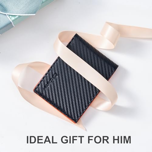 Image of Chelmon Slim Wallet for Men ID Window with RFID Blocking Front Pocket Minimalist Bifold Bussiness Card Holder Gift for Men, Carbon Black & Orange