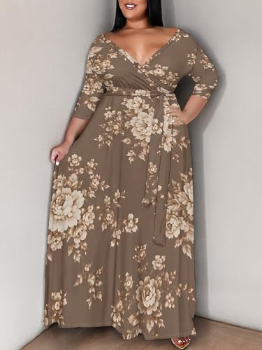 Image of PinkPatty Women's Plus Size Maxi Dress Print 3 /4 Sleeves V Neck Party Sundress Wedding Guest Dresses