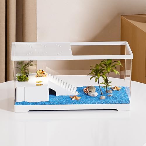 Turtle Fish Tank with Resting Platform and Bottom Drainage, 15.8" x 8" x 8.8", Water Turtle Tank for Youth Turtles, Crabs, Amphibians, Reptiles, White