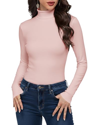 Cuptacc Camiseta Mujer Manga Larga Basica Otoño Térmicas Camiseta Casual Elegante Cuello Alto Corte Ajustado Sólido Ligero Suéter Mujer Rosa Claro XL