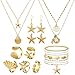 16 Pcs Seashell Starfish Jewelry Set for Women Seashell Earrings Rings Boho Layer Charm Necklace Summer Beach Bracelets Natural White Anklet for Summer Holiday Vacation Accessories(Gold,Shell)
