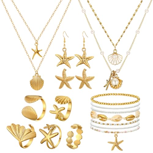 Tondiamo Jewelry Set Earrings Rings Boho Layer Charm Necklace Summer Bracelets Set for Holiday Vacation Valentine's Day wedding Women Gifts