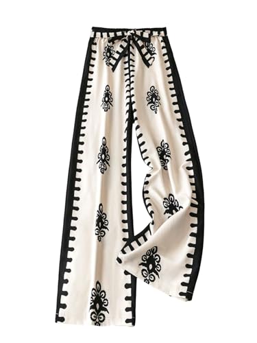 MakeMeChic Women's Graphic Wide Leg Pants Elastic Waist Belted Boho Trousers