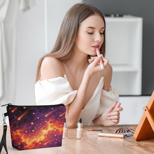 Bolsa de maquillaje de piel sintética con diseño de nebulosa de llama y cremallera de 22 cm 6