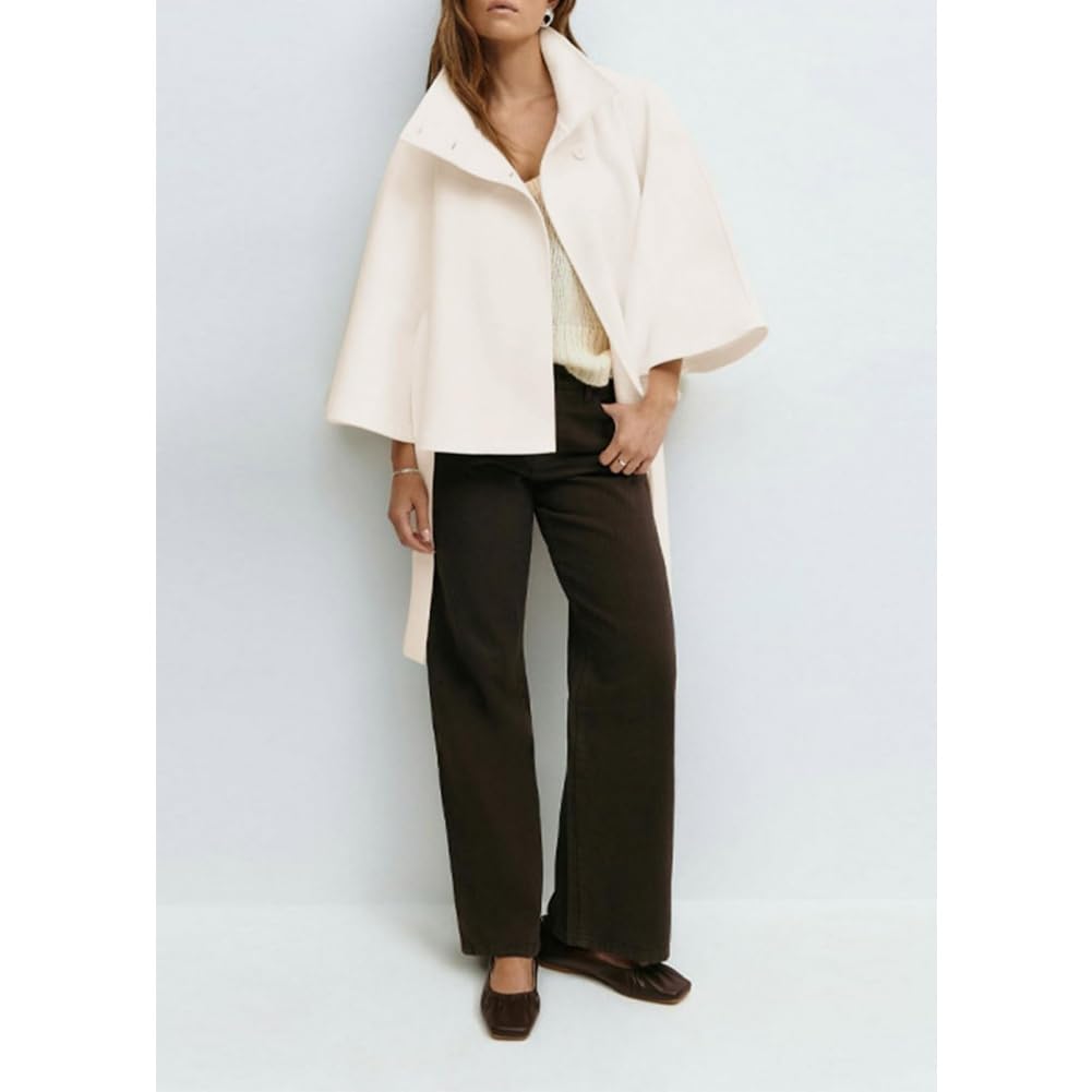 Poncho de manga murciélago para mujer abrigo corto invierno cuello alto cinturón