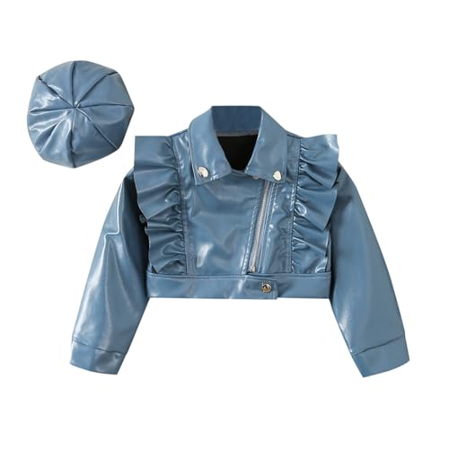 Toddler Girls Faux Leather Motorcycle Jacket Cute Ruffle Spring Fall PU Coat and Hat 2 to 7 Years Top Runaways Blue