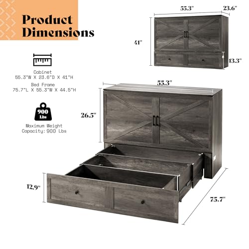 Image of AMERLIFE Full Murphy Bed with Storage & Charging Station, Farmhouse Murphy Cabinet with Foldable Panel, Noisy Free, for Guest Bedroom, Living Room, Office, Rustic Grey