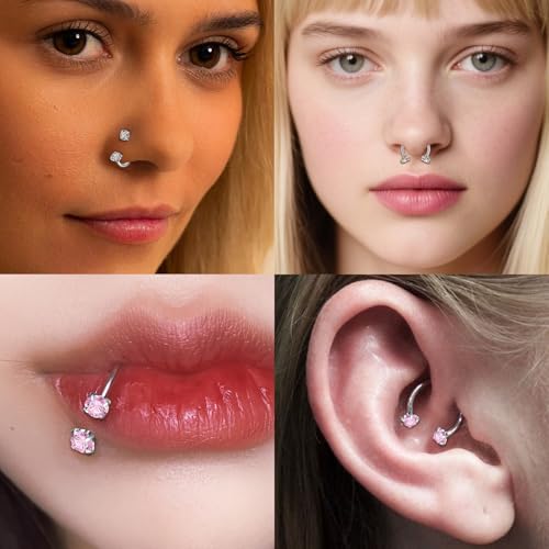LAURITAMI 18G 20G Horseshoe Nose Rings Studs,Surgical Steel Nose Ring Pink Cubic Zirconia Nose Piercing,Internally Threaded Nose Rings For Women,Pink and Silver Zirconia2