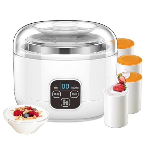 Fabricante de Yogurt eléctrico, 1L Fabricante de Yogurt probiótico con 4 Tazas de Porcelana, Revestimiento de Acero Inoxidable y Panel táctil LED, fácil de Limpiar, para Hacer postres caseros