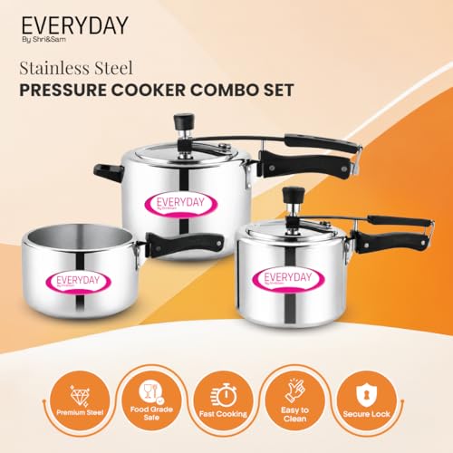 Image of Everyday Stainless Steel Pressure Cooker Combo Set (2L + 3L + 5L) | 2 Litres & 3 Litres Cooker with a Common Lid | Mirror Finish | Inner Lid Design | Gas & Induction Compatible