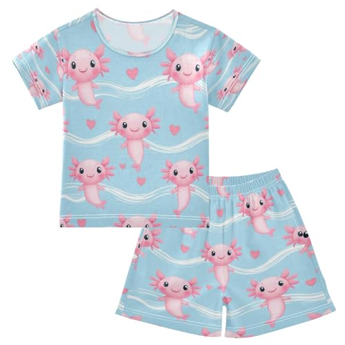Pajama Sets Short Sleeve Cute Pink Axolotl Pattern Prints Soft Cotton Summer Sleepwear 2 Piece PJS Size 5-14T