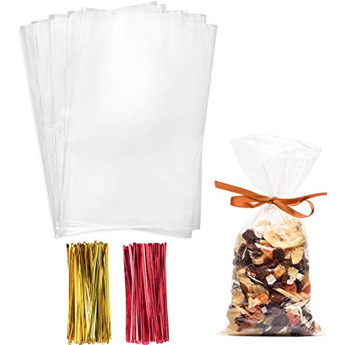 Christmas Cellophane Treat Bags,4x9 Inches Clear Cellophane Bags 200 Pcs OPP Plastic Treat Bags with 200 Twist Ties for Gift Wrapping,Packaging Candies,Dessert,Bakery, Cookies, Chocolate,Party Favors