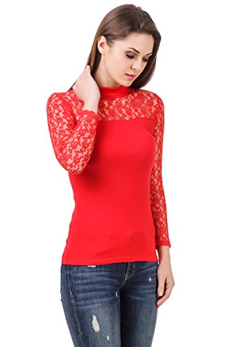 Image of LE BOURGEOIS Red Net Yoke Full Sleeve High Neck Top for Women