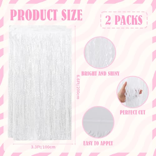 Image of TONIFUL 2Pcs Wavy White Metallic Tinsel Foil Fringe Curtains Streamers