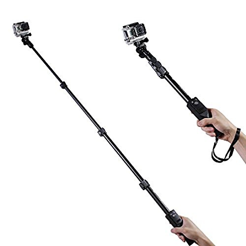 Yunteng YT-1288 Selfie Stick fully extended with an action camera attached, held by a hand.