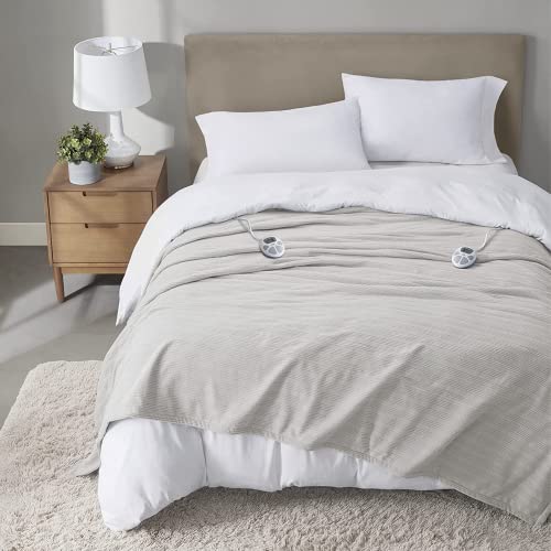Serta Travis Fleece Ultra Soft Tri-Rib Textured Electric Blanket Cozy and Snuggly Cover Fast Heating for Cold Weather Auto Shut Off Multi Heat Setting Controller Queen Pumice Stone Grey