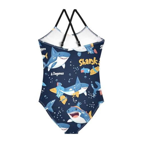 Cartoon Sharks Blue Girls One Piece Swimsuits Cute Sport Halter Swimwear Beach Bathing Suit 3T2