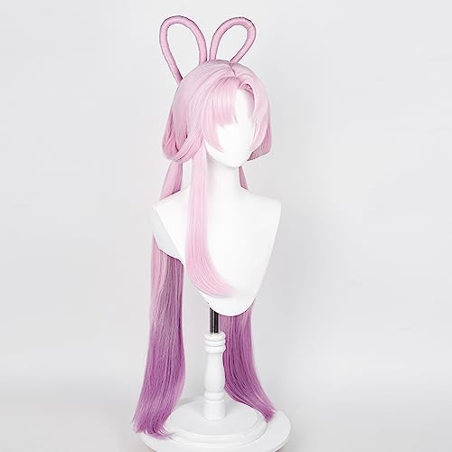 Image of Chinese Ancient Style Wig Anime Pink Purple Gradient Wigs Women Long Straight Wig with Ponytail Bangs Buns COS Game Cosplay Wigs Halloween,Christmas,Comic con,Game Show,Party