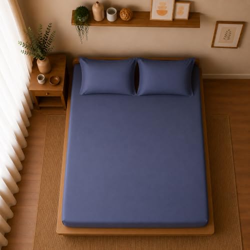Image of Linen Home Cotton Percale Fitted Bedsheet Set SingleXL Size Dark Blue