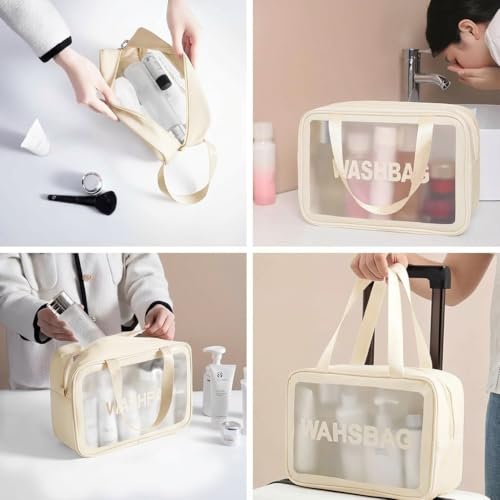 Image of KASHIVAL 3-Piece Clear Travel Toiletry Bags Set, Waterproof Transparent Makeup Organizer Pouches with Zipper, Large Medium Small Cosmetic Storage Cases with Carrying Handle (Cream)