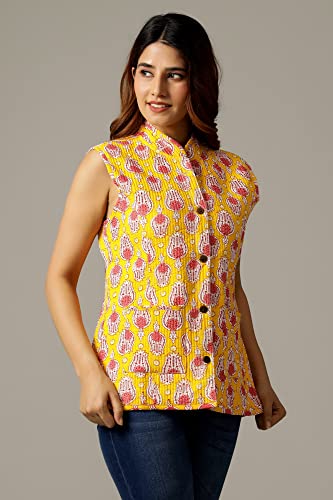 Image of Ravaiyaa - Attitude is everything Women's Floral Printed Reversible Quilted Jacket Coat Blazer Jacket Sleeve Less Waistcoat