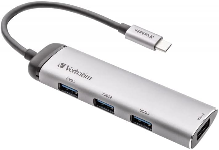 Verbatim USB-C Multiport Hub, USB C Adapter Made Aluminum for Laptops MacBooks and Smartphones, Multimedia Adapter Plug with Four USB 3.2 Gen 1 Ports, Silver