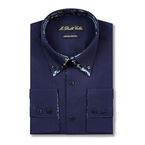 Chemise à manches longues à imprimé floral bleu marine et col double pour homme
