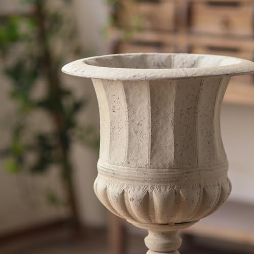 hencoense 16inch Vintage Boho Style White Distressed Iron Urn Planter with Classic Design Elegant Detailing for Indoor Office Desk, Shelf, Patio Table Decor and Outdoor Home Garden Decor by hencoense - Used condition - Image 4