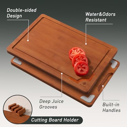 3 Packs Bamboo Cutting Board Set with Non Slip Feet Holder and Over Sink Nice Solid Thick Wood Juice Groove Chopping Board Extra Large Big Small Best Hardwood Kitchen Organic Vegetable Meat BBQ Kit - Image 4