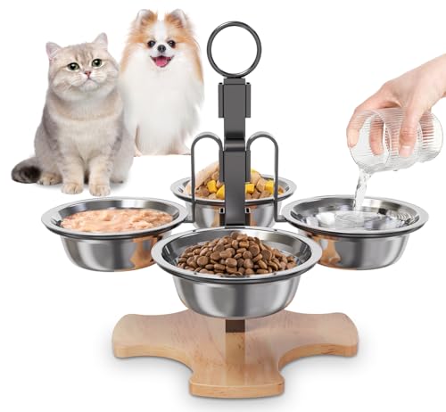 Adjustable Elevated Cat Bowls with Stand, 3 Height Raised Food & Water Bowl Set for Indoor Cats, 4 Stainless Steel Tilted Pet Dishes for Small Dogs, Non-Slip Feeding Station with Anti-Spill Design