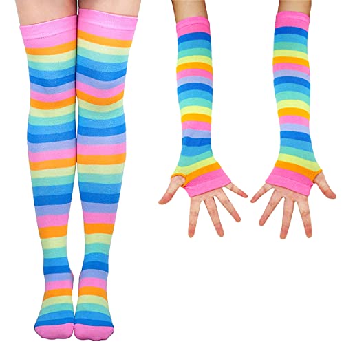 Image of SherryDC Womens Girls Cosplay Rainbow Striped Knee High Socks Leg Arm Warmer Fingerless Gloves Set
