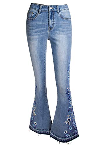 Andongnywell Womens Embroidered Flare Jeans Mid Waist Stretchy Flared Jean Floral Embroidery Bell Bottom Denim Pants