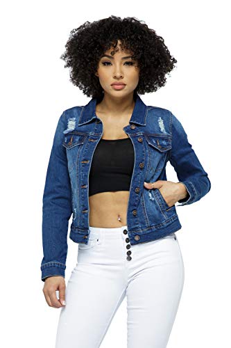 BEBA Premium Women's Casual Distressed Long Sleeve Button Down with Pockets Washed Denim Jean Jacket