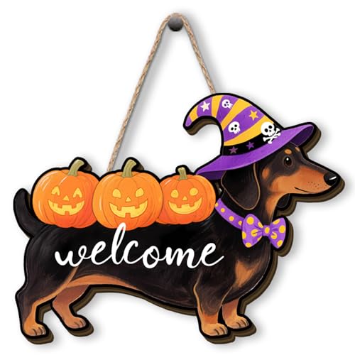 Funny Halloween Wooden Wreaths for Front Dachshund Pumpkin Welcome Sign Spooky Spider Web Party Decor Halloween Decorations for Home Party Door