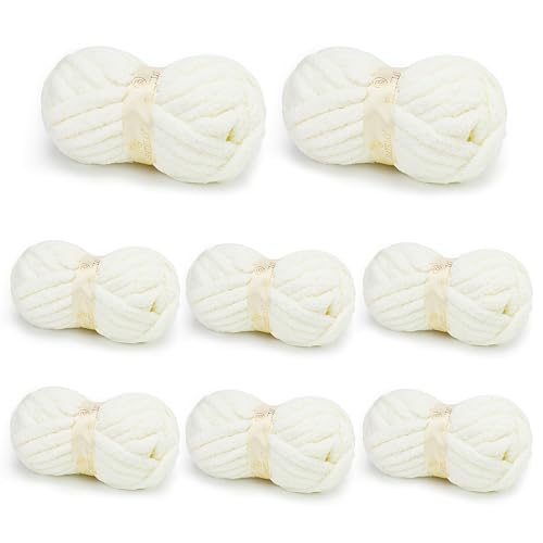 Image of Chunky Yarn for Hand Knitting, Chunky Chenille Blanket Yarn for Crocheting, Bulky Soft Fluffy Chenille for Blanket Project, 8 Pack of 8oz /25yds, White