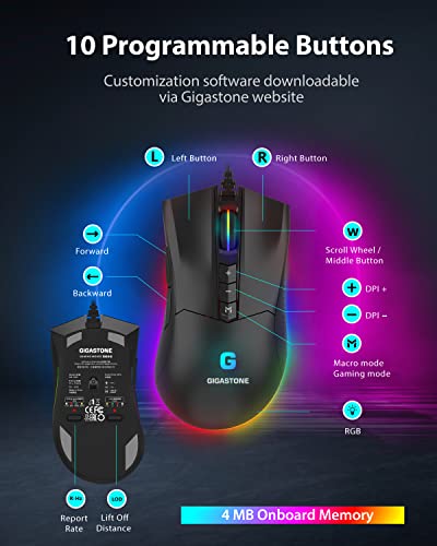 Image of Gigastone Gaming Mouse, Wired, Optical, 10 Buttons, 16000 DPI, RGB Backlight, 4MB Onboard Memory, Ambidextrous, Black