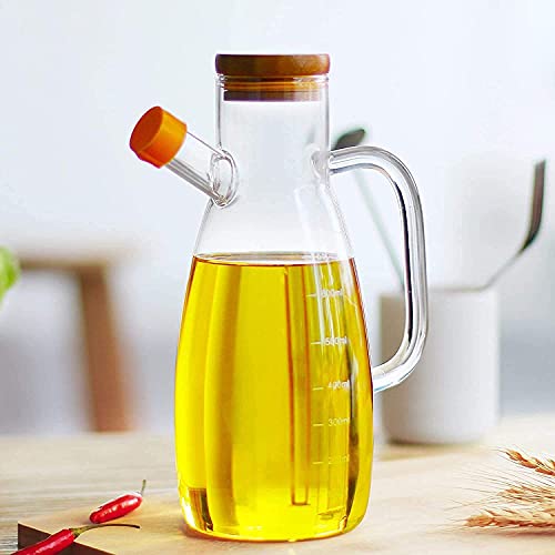 Image of Cooking Seasoning Bottle Glass Oil Dispenser and Stoppers Bottle with Handle,and Wooden Lid Capacity: 900 ml, Transparent (Pack of 1) (wooden lid)