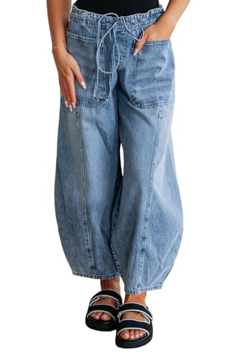 SELINK Casual High Waisted Jeans for Women Pocket Drawstring Paperbag Waist Jean