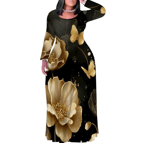 Image of PinkPatty Plus Size Maxi Dress for Curvy Women Crew Neck Long Sleeves Casual Dress Vacation Sundresses with Pockets