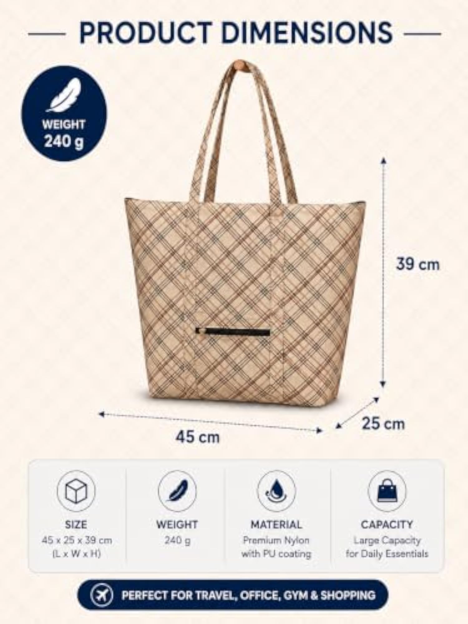 Beige Checkered Foldable Waterproof Travel Tote Bag for Women