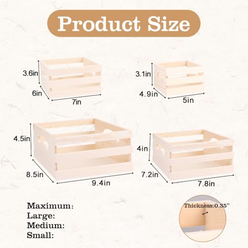 GRETJOB Wooden Crates with Handles, 4 Set Rustic Wooden Crates for Display, Small Wood Crates Box for for Kitchen, Office, Bedroom, Closet, Rustic Country Decor - Image 3
