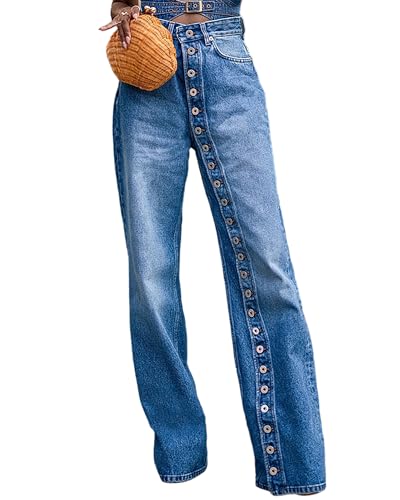 Women's High Waisted Straight Leg Jeans Casual Button Down Boyfriends Wide Leg Denim Pants Trendy 2025