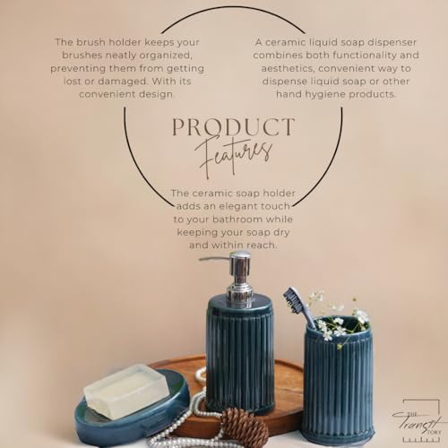 Image of Premium Ceramic Bathroom Accessories Set of 3 | Oval Hand-Painted Luxury Bath Set with 300ml Liquid Soap Dispenser, Toothbrush Holder & Soap Tray (Dark Teal with Vertical Ribbed)