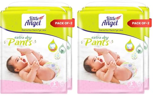 Image of Little Angel Extra Dry Baby Pants Diaper, Small (S) Size, 120 Count, Super Absorbent Core Up to 12 Hrs Protection & Wetness Indicator, Upto 7kg (60 count /pack, Pack of 4)