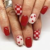 Valentines Day Press on Nails Short Square Fake Nails Red Nails Press ons with Heart,Checker Design Full Cover Stick on Nails for Women Manicure,Reusable | Nail Sticky Tabs | Easy Apply | 24Pcs