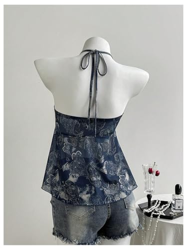 Verdusa Women's Boho Printed Ruched Halter Top Spaghetti Strap Layered Ruffle Fitted Tops2