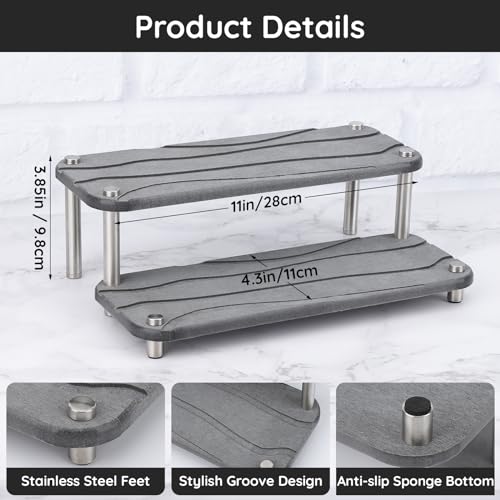 Image of Segbeauty 2 Tier Fast Drying Diatomaceous Earth Tray, 11x4.3in Water Absorbing Stone Drying Vanity Tray for Countertop, Bathroom Counter Rack Kitchen Sink Organizer Dish Soap Sponge Holder Dark Gray