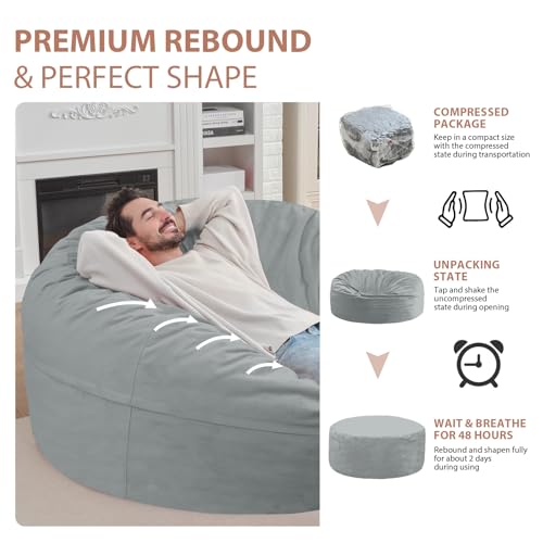 6FT Bean Bag Chair, Large Bean Bag Chairs with Memory Foam Filled, Fluffy Beanbag Sofa with Dutch Velvet Cover, Round BeanBag Chairs for Living Room, Playroom - Light Grey